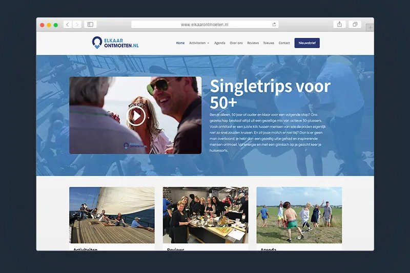 Homepage van de website van Elkaar Ontmoeten: singletrips voor 50-plussers