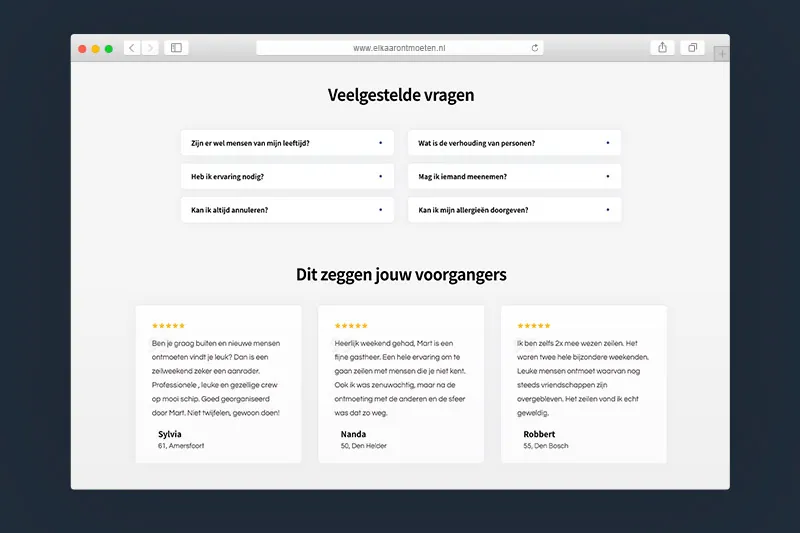 Veelgestelde vragen en reviews van deelnemers op de website van Elkaar Ontmoeten