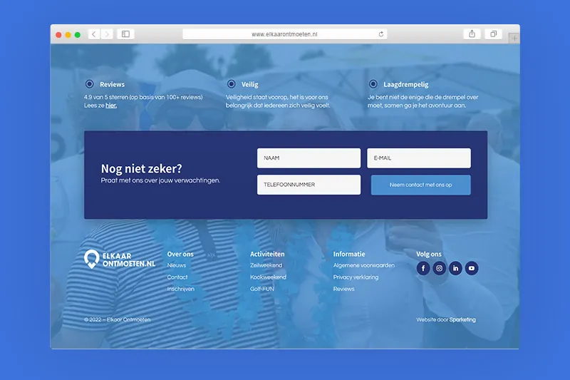 Contactformulier en footer van de website van Elkaar Ontmoeten