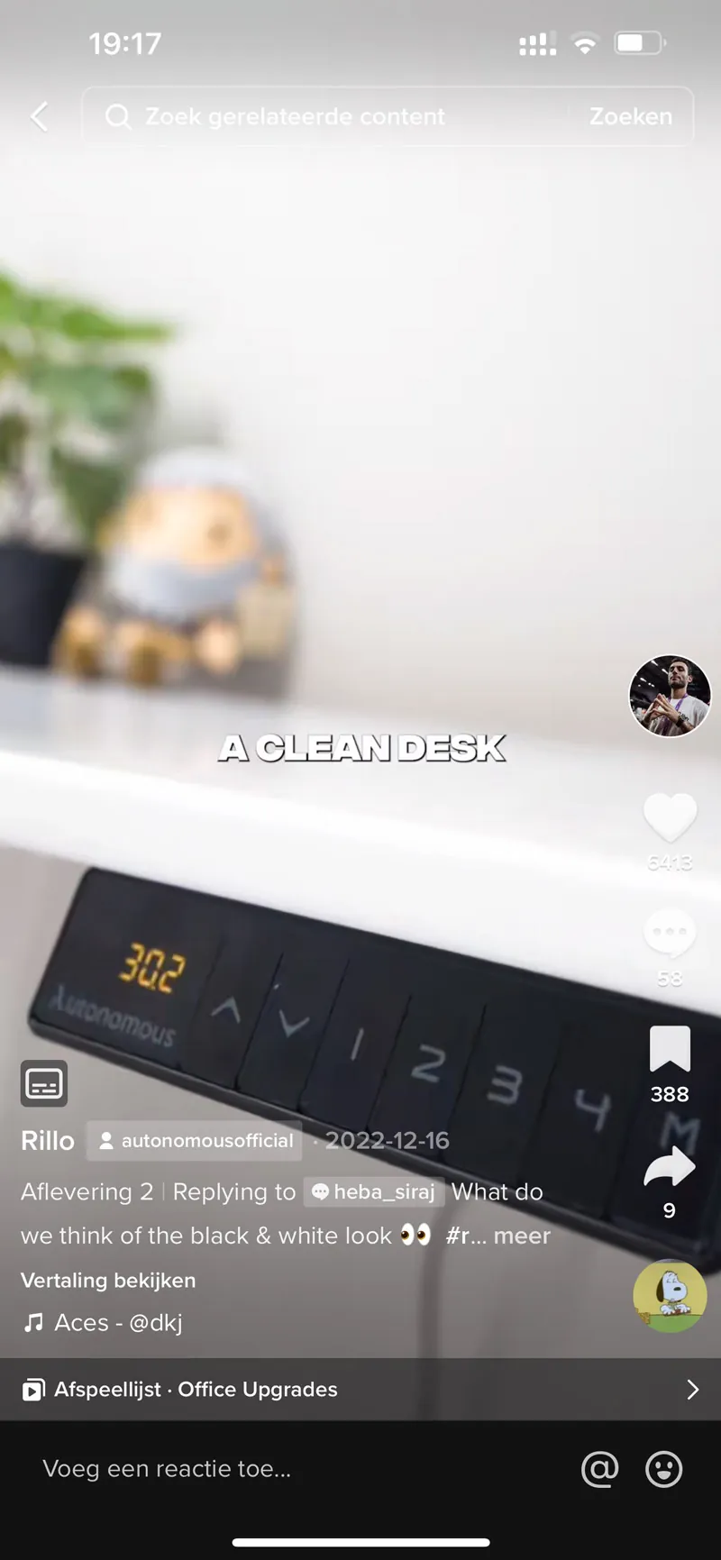 Screenshot van een TikTok-video van creator Rillo waarin een bureau van Autonomous in beeld is