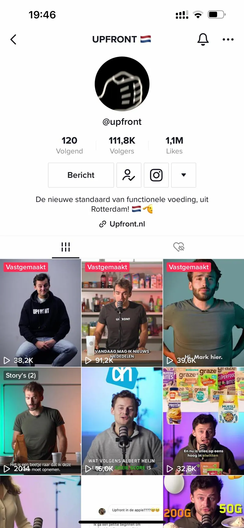 Het TikTok-account van Upfront met ruim 111.000 volgers en een raster van korte video’s