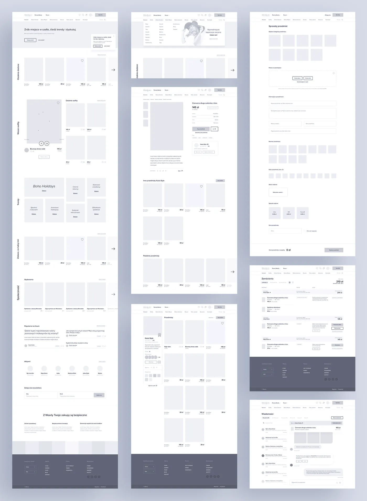 Voorbeeld van een wireframe: grijze schetsen van de homepage, productpagina, verkoopformulier, bestellingen en berichten van een webshop