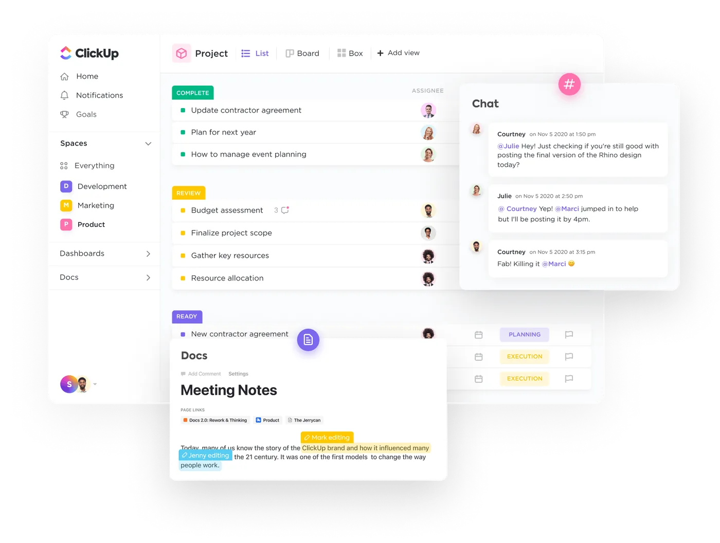 Voorbeeld van het ClickUp-dashboard met een takenlijst per status, een chatvenster en een gedeeld document